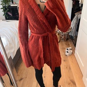 Red anthropology sweater cardigan with tie
